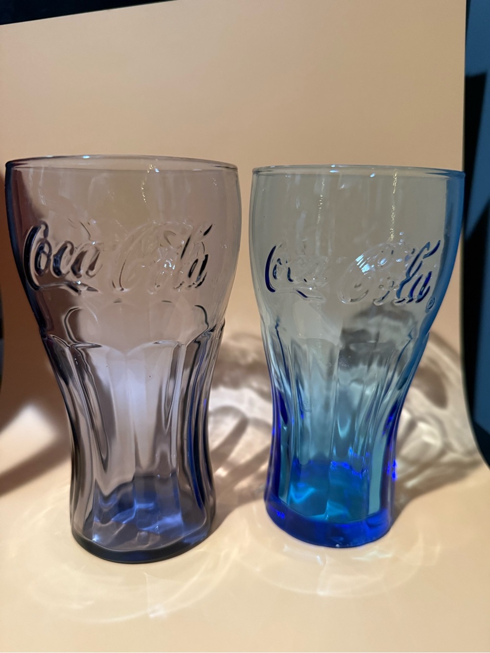 Coca Cola Blue Gradient Embossed Glass Tumblers - 6”